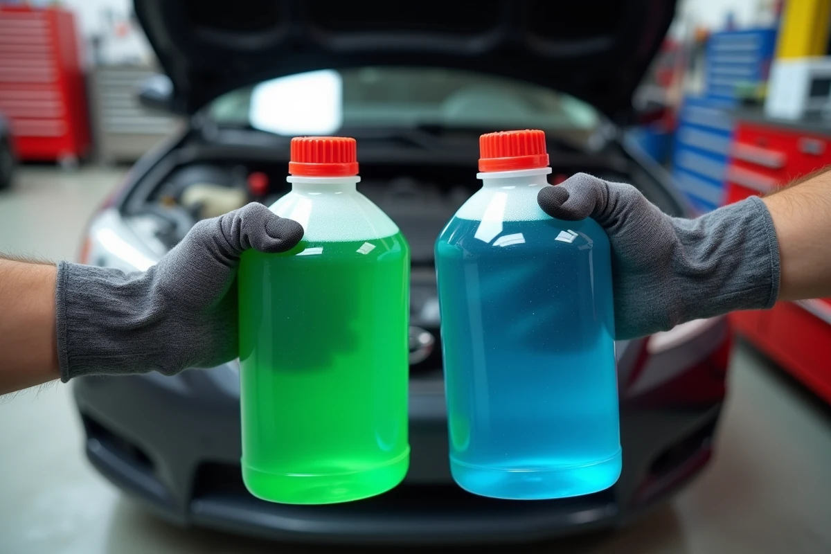 Mécanicien tenant deux bouteilles côte à côte, l'une de liquide de refroidissement vert et l'autre de lave-glace bleu, dans un atelier automobile