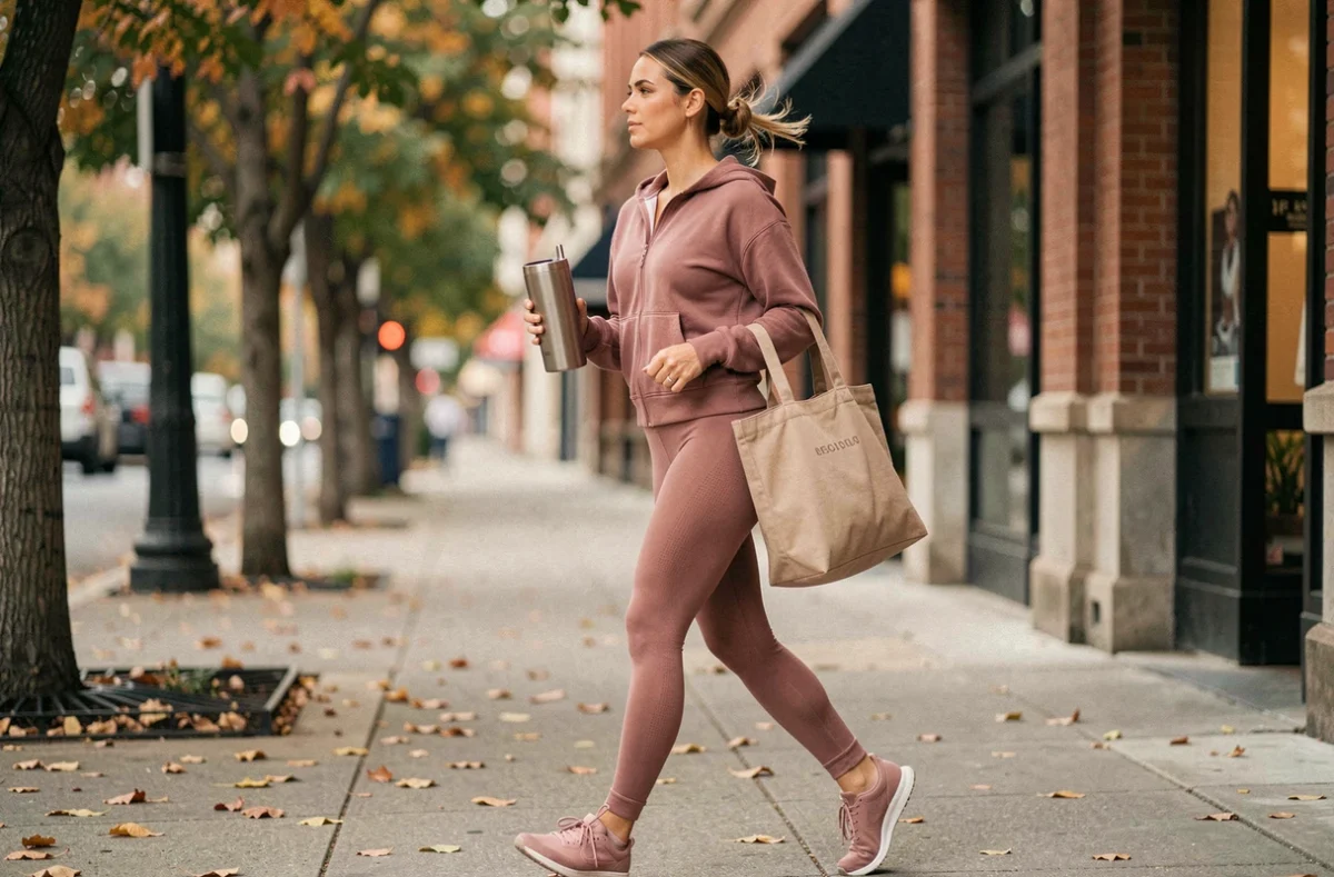 Maman active en tenue athleisure tendance marchant dans une rue urbaine aux tons automnaux