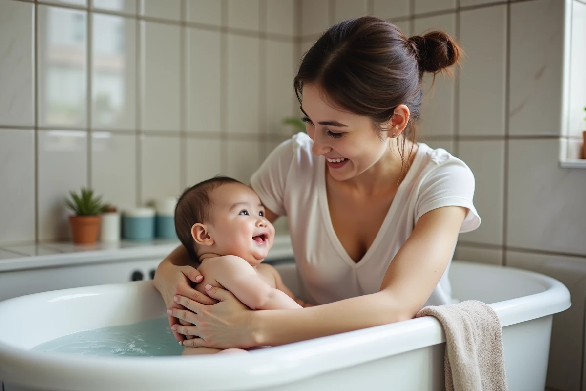 Maman tenant sa fille dans une baignoire bébé dans la salle de bain