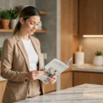 Maman moderne élégante feuilletant un magazine lifestyle dans une cuisine contemporaine en marbre
