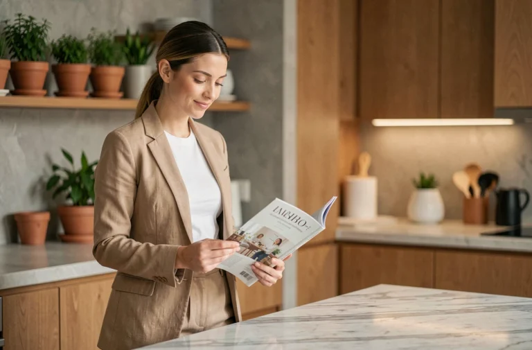 Maman moderne élégante feuilletant un magazine lifestyle dans une cuisine contemporaine en marbre