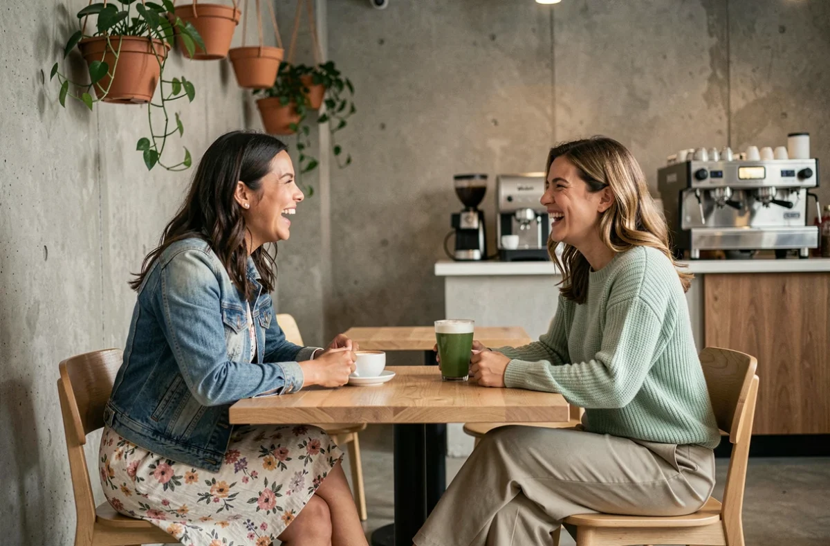 Deux mamans modernes riant ensemble dans un café tendance aux tons neutres et à la décoration contemporaine