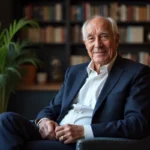 Michel Drucker en portrait en studio avec bibliothèque