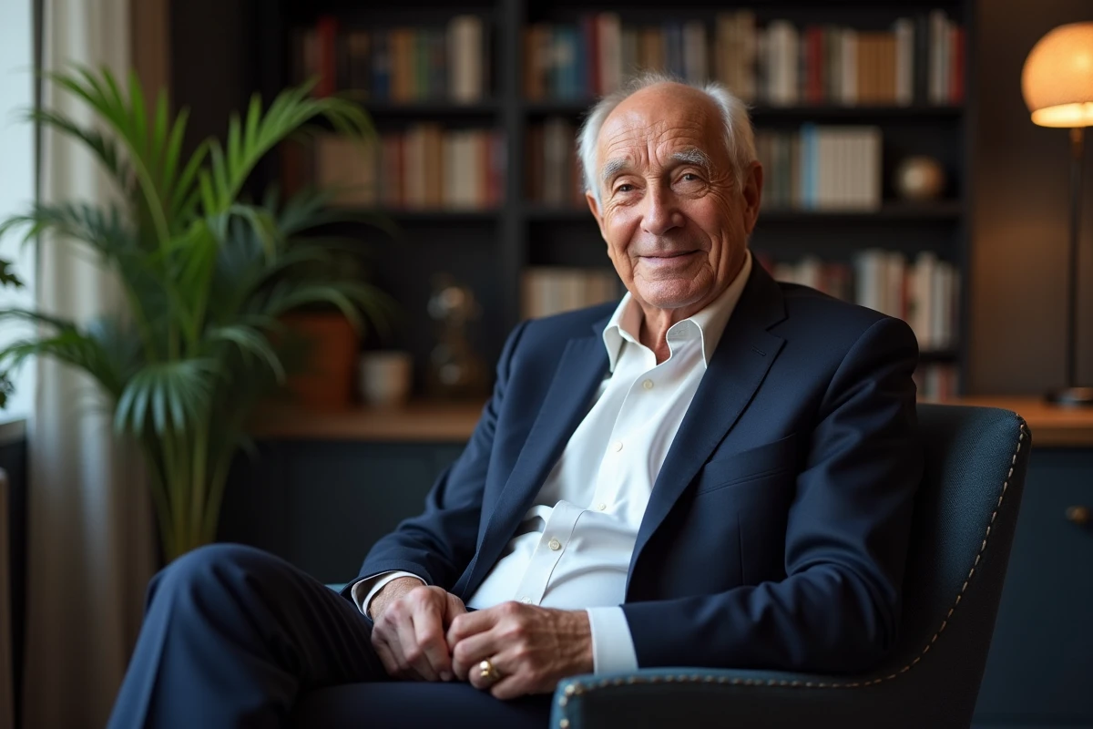 Michel Drucker en portrait en studio avec bibliothèque