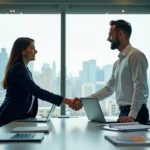 Deux professionnels B2B se serrant la main lors d'un partenariat digital autour d'une table de réunion moderne avec ordinateurs portables