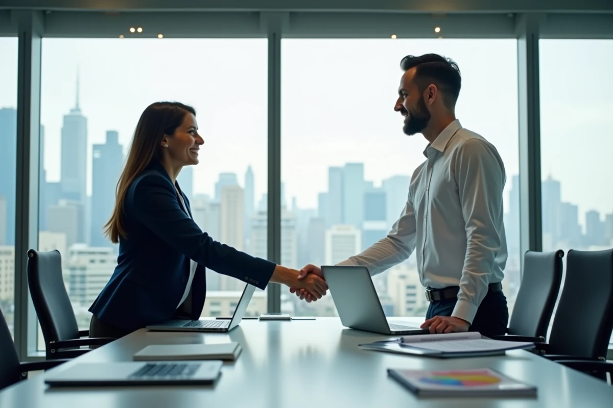 Deux professionnels B2B se serrant la main lors d'un partenariat digital autour d'une table de réunion moderne avec ordinateurs portables