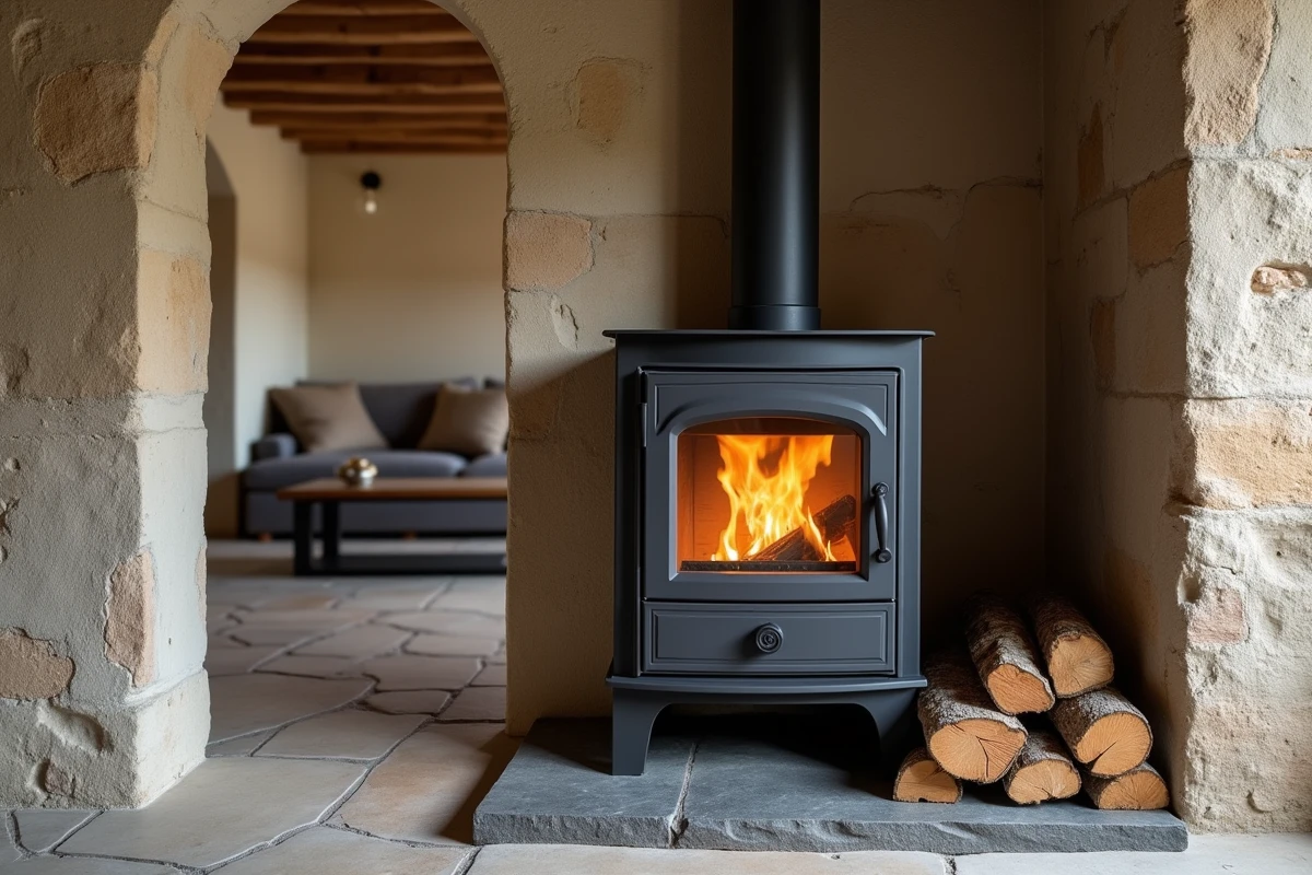 Poêle à bois contemporain en acier anthracite inséré dans la niche en pierre d'un cantou traditionnel rénové
