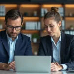 Homme et femme en réunion de cybersécurité au bureau