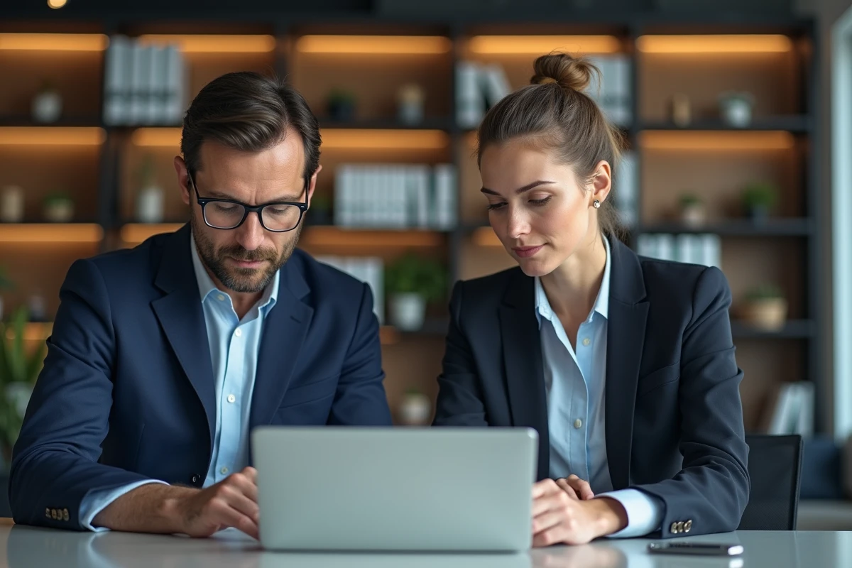 Homme et femme en réunion de cybersécurité au bureau