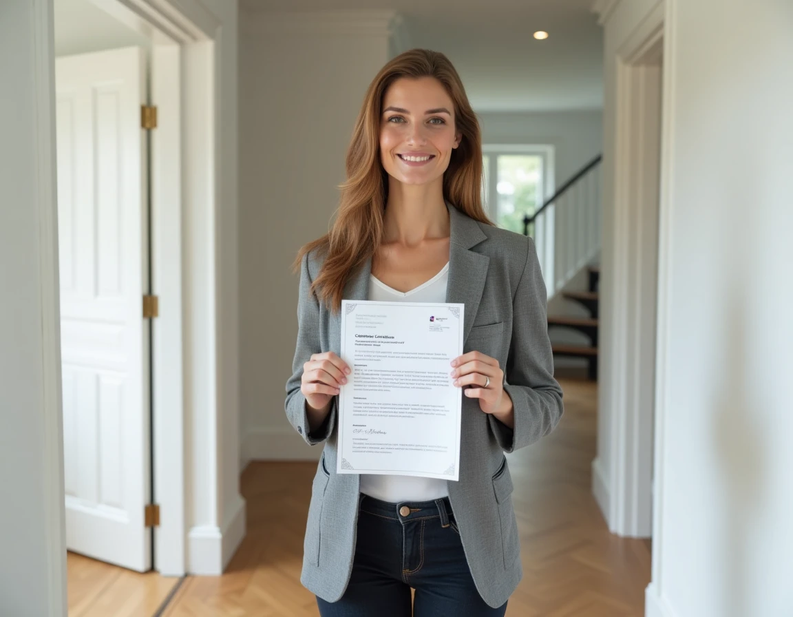 Propriétaire immobilière tenant son certificat de conformité dans l'entrée de sa maison rénovée