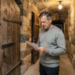 Propriétaire consultant des documents de taxe foncière devant l'entrée d'une cave indépendante en pierre dans un immeuble résidentiel français
