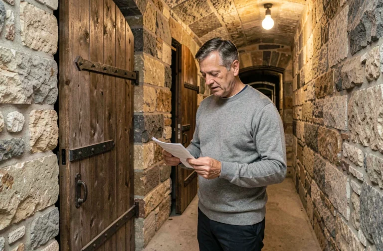 Propriétaire consultant des documents de taxe foncière devant l'entrée d'une cave indépendante en pierre dans un immeuble résidentiel français