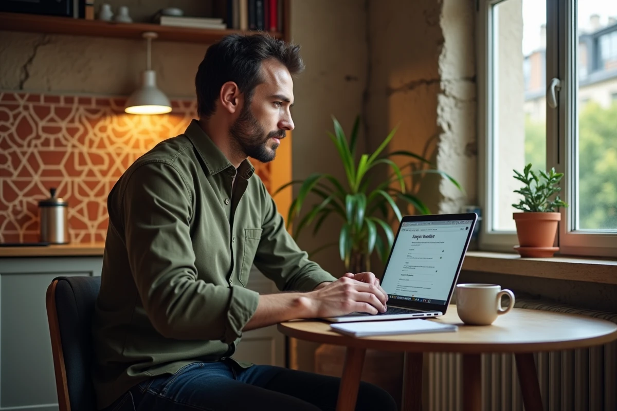 Jeune homme cherchant un emploi sur internet depuis son appartement parisien