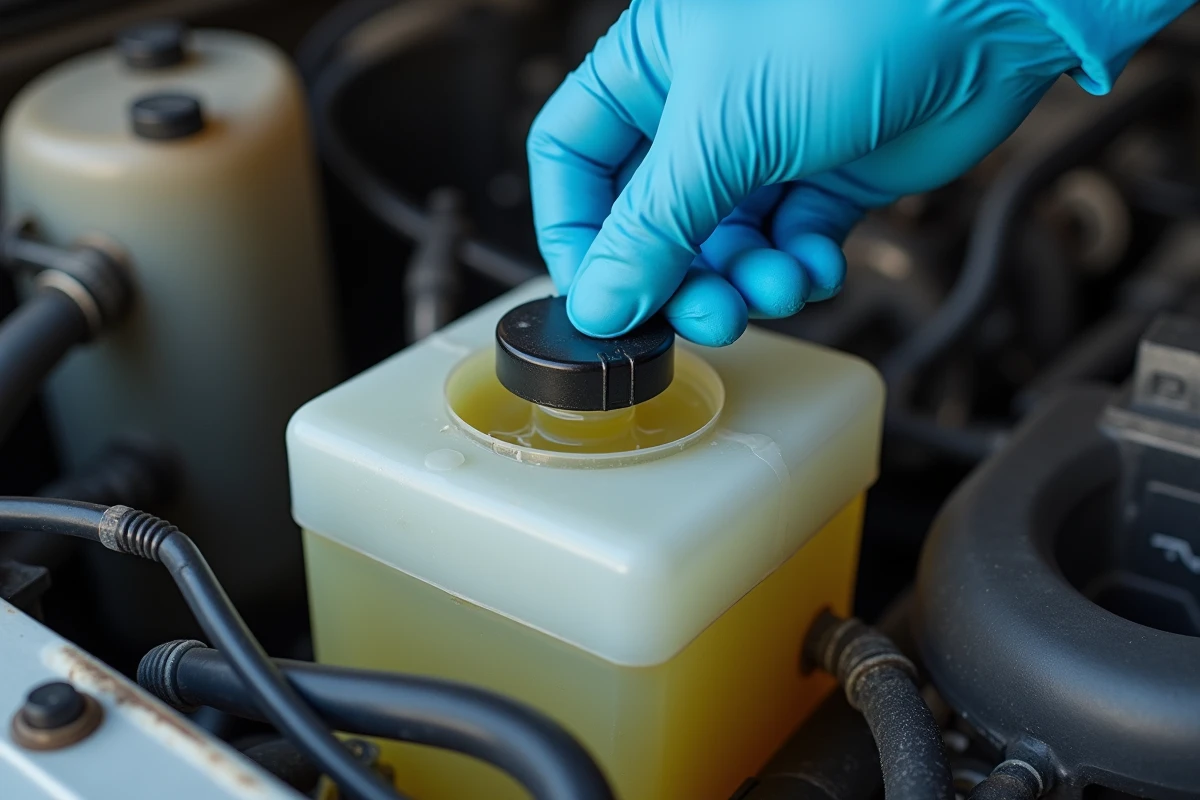 Gros plan sur le réservoir de liquide de refroidissement ouvert dans un compartiment moteur avec une main gantée retirant le bouchon