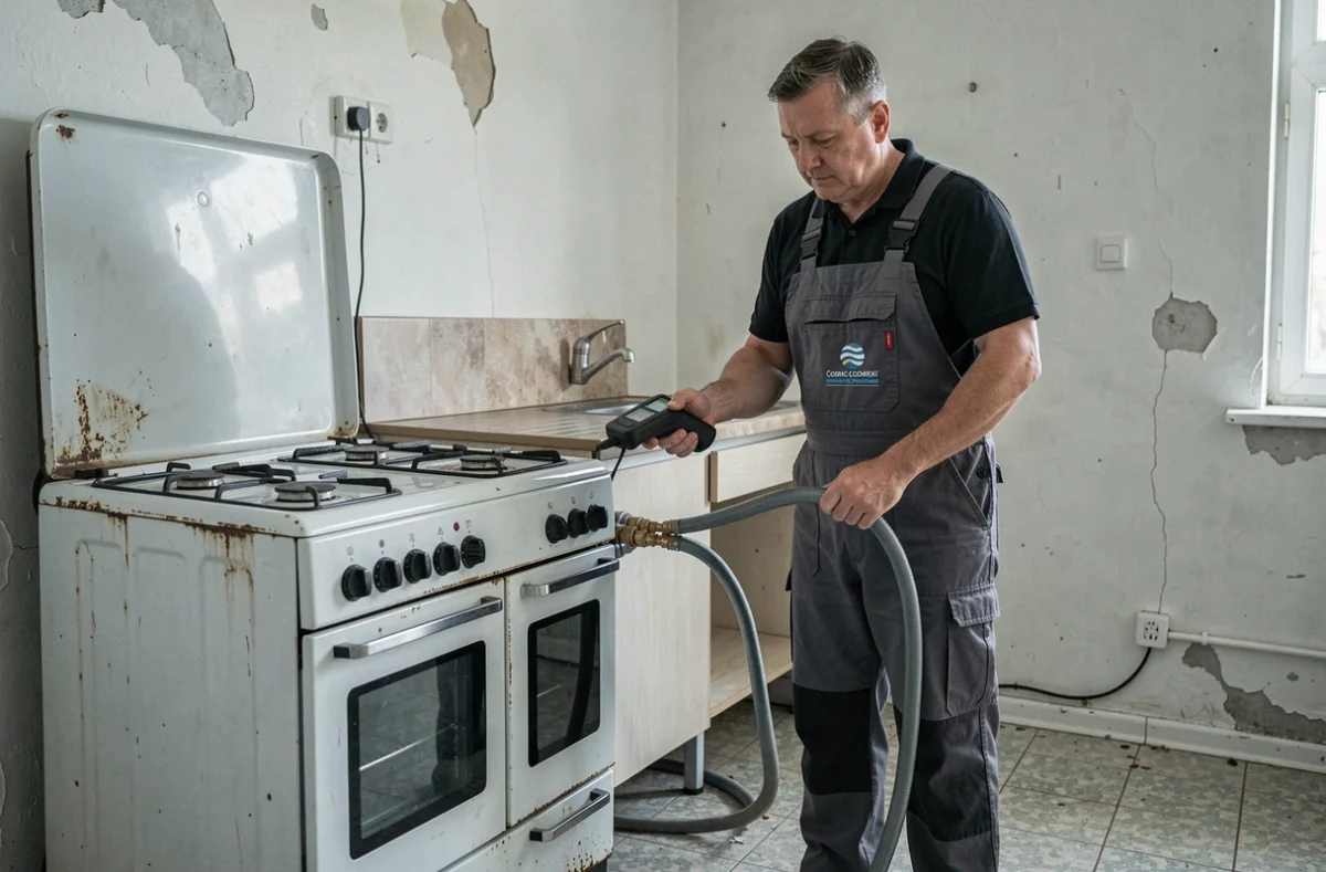 Technicien gaz certifié détectant une fuite sur les raccordements flexibles d'une vieille cuisinière lors d'un diagnostic pré-achat
