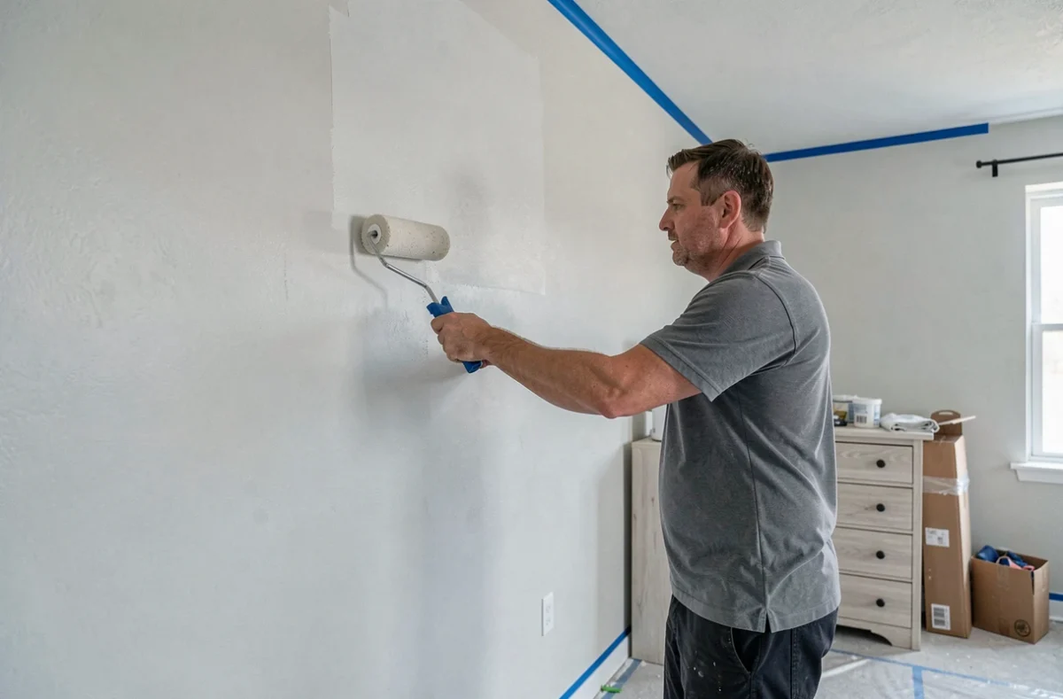 Homme appliquant une deuxième couche de peinture au rouleau mousse pour éviter les traces sur le mur