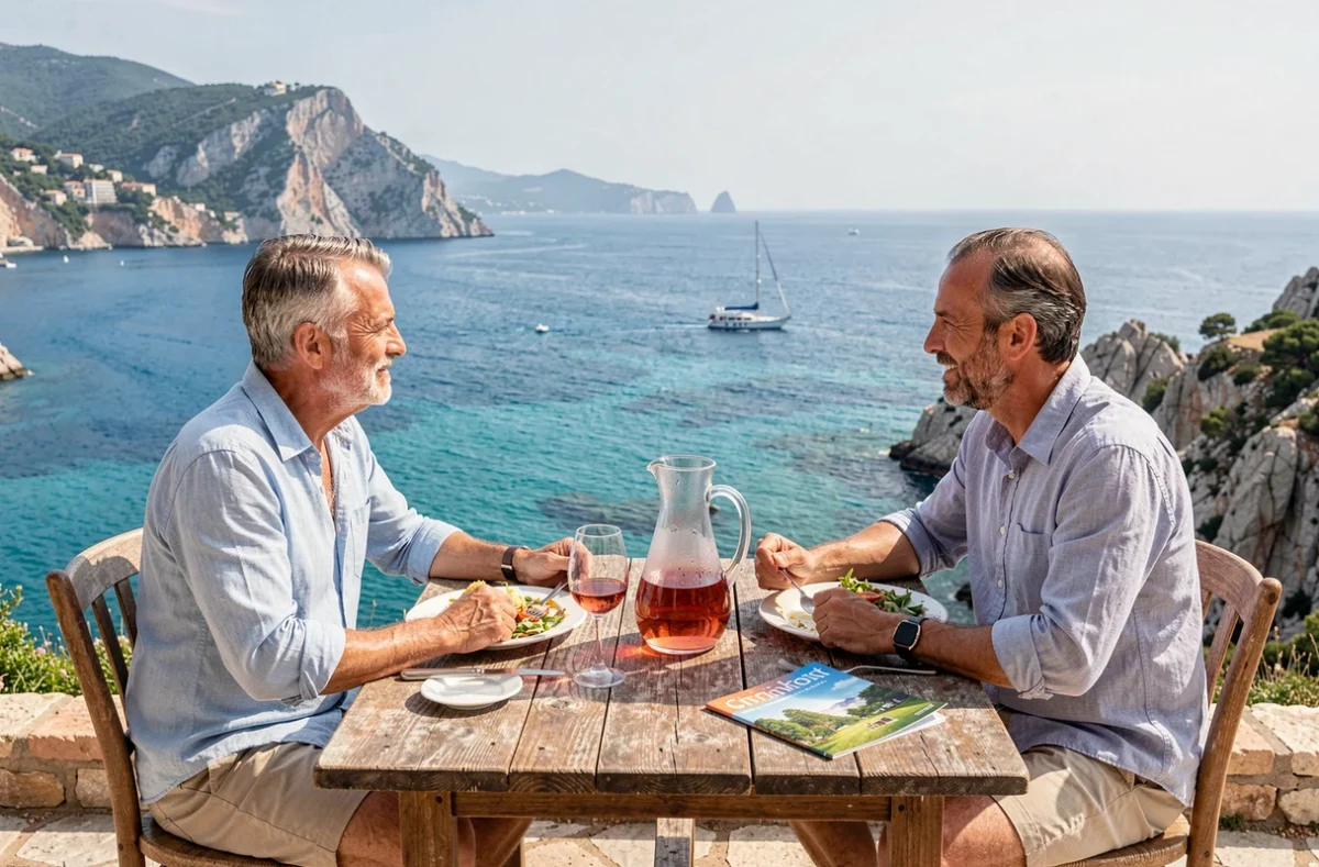 Couple profitant d'un déjeuner en terrasse avec vue sur la mer Méditerranée sur la Côte d'Azur