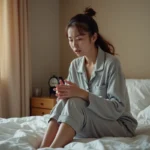 Femme assise sur le bord de son lit au réveil ressentant des tremblements corporels matinaux