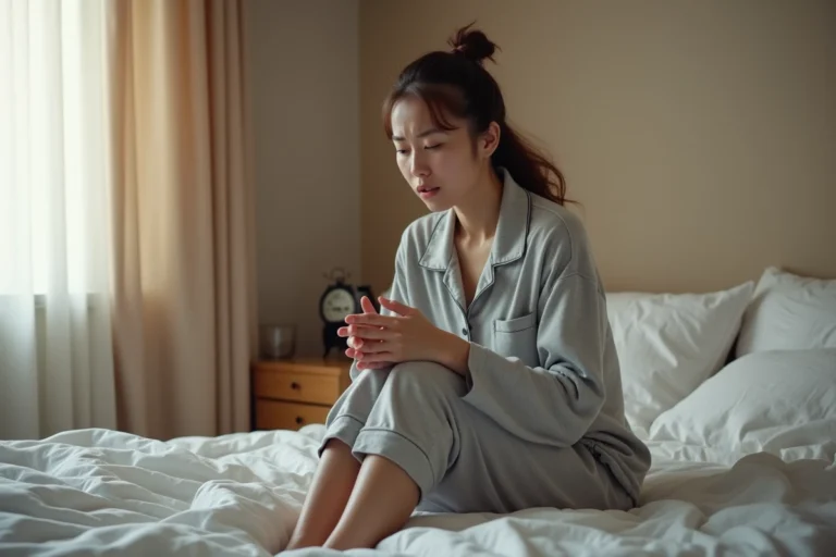 Femme assise sur le bord de son lit au réveil ressentant des tremblements corporels matinaux