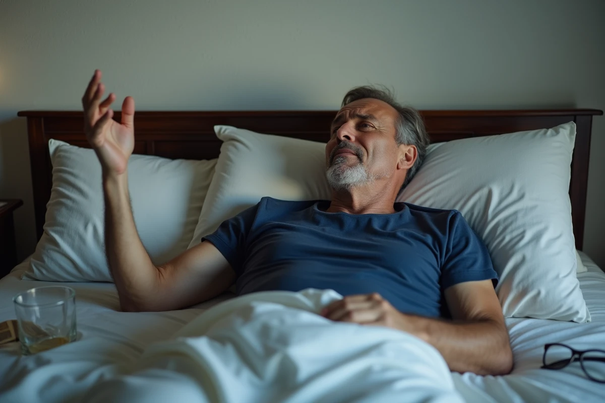 Homme d'âge mûr au réveil observant des tremblements dans sa main allongé dans son lit