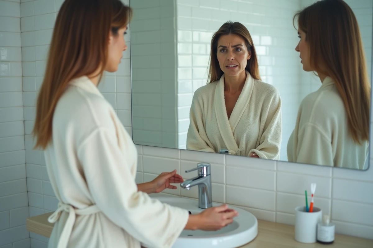 Femme en robe de chambre dans la salle de bain se tenant au lavabo après le réveil avec des tremblements