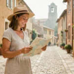 Femme en robe de lin consultant une carte dans une rue pavée d'un village provençal typique