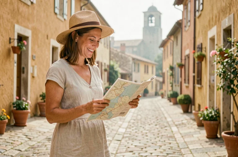 Femme en robe de lin consultant une carte dans une rue pavée d'un village provençal typique
